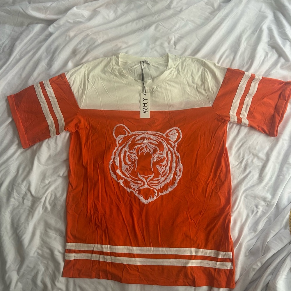 WHY Dress Vibrant Orange and White Tiger oversized shirt/dress NWT (Size Small)